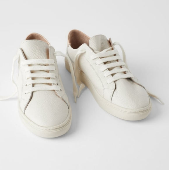 Zara Shoes - Zara White & Blush Pink Soft Leather Lace Up Low Top Sneakers
